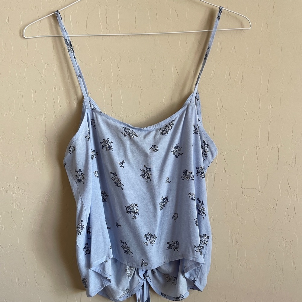 Mango Floral Print Top Cinched Ruched Powder Baby Blue Spaghetti Strap L XL - Picture 5 of 8